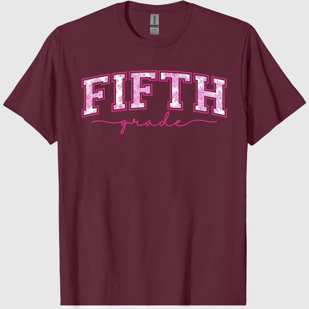 Back to School 5th Fifth Grade Toile Pink Floral Teacher T-Shirt