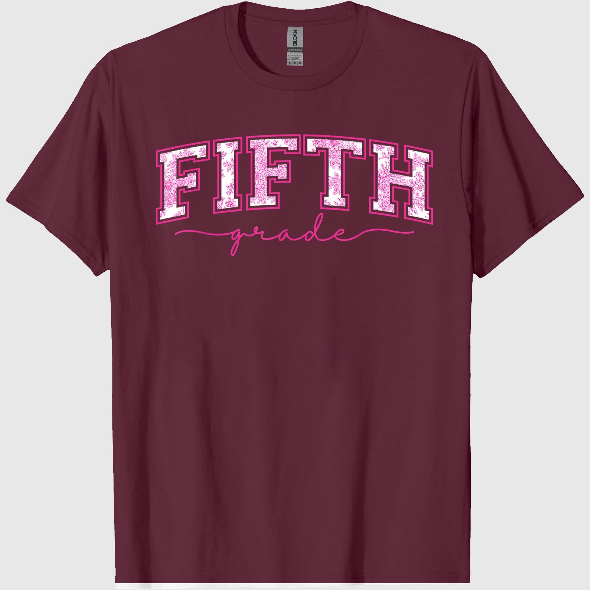 Back to School 5th Fifth Grade Toile Pink Floral Teacher T-Shirt