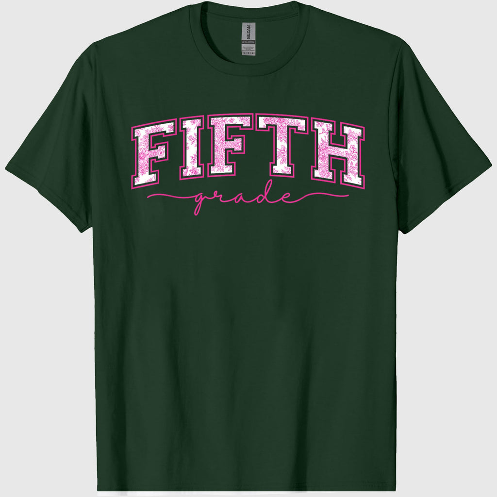 Back to School 5th Fifth Grade Toile Pink Floral Teacher T-Shirt