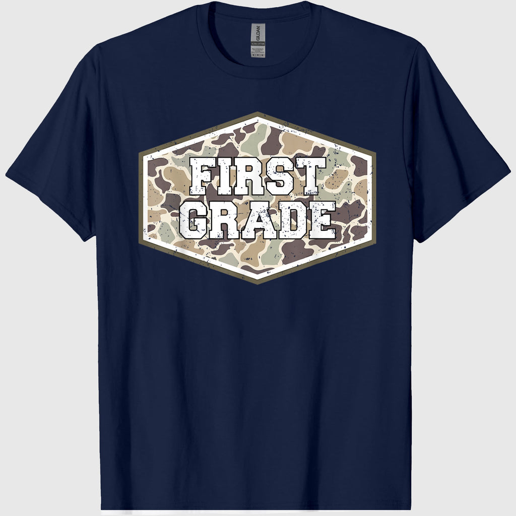 Camo First Grade Boy Hello 1st Grade Students Teachers T-Shirt