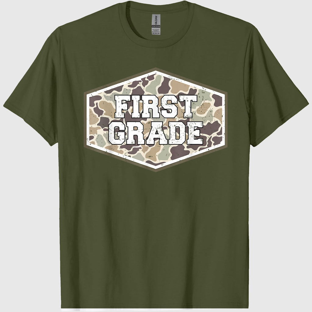 Camo First Grade Boy Hello 1st Grade Students Teachers T-Shirt