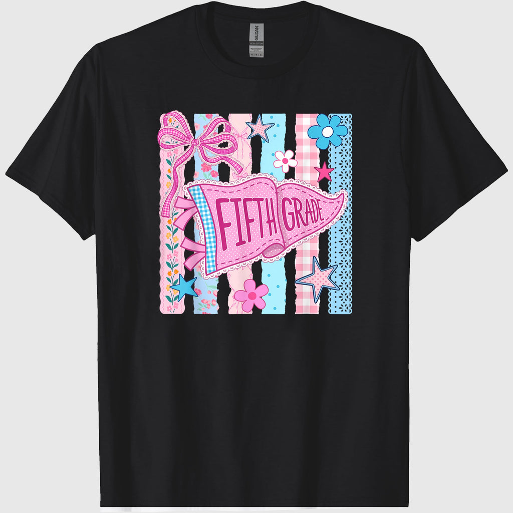 Striped Floral Pennant Flag Back to School Fifth 5th Grade T-Shirt