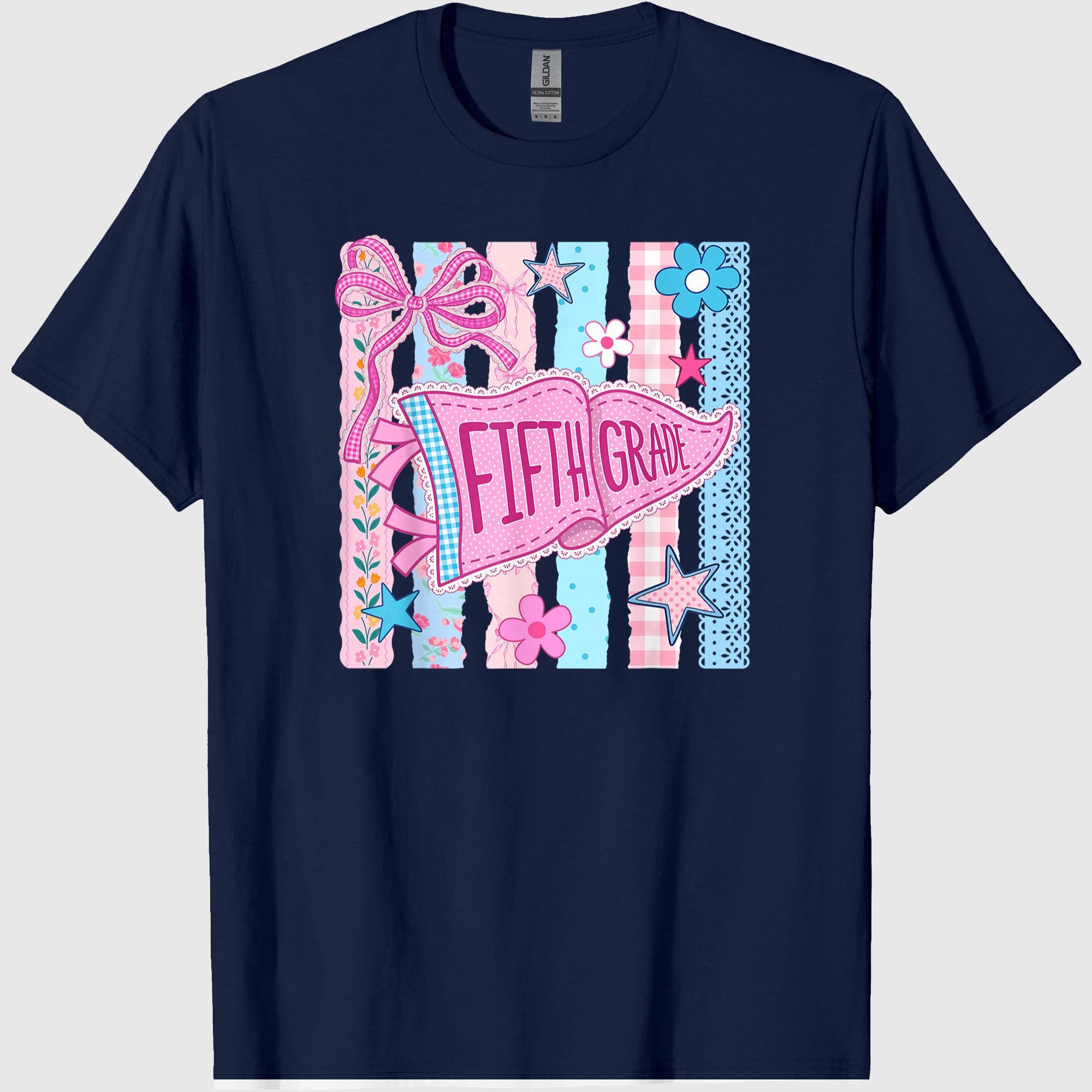Striped Floral Pennant Flag Back to School Fifth 5th Grade T-Shirt