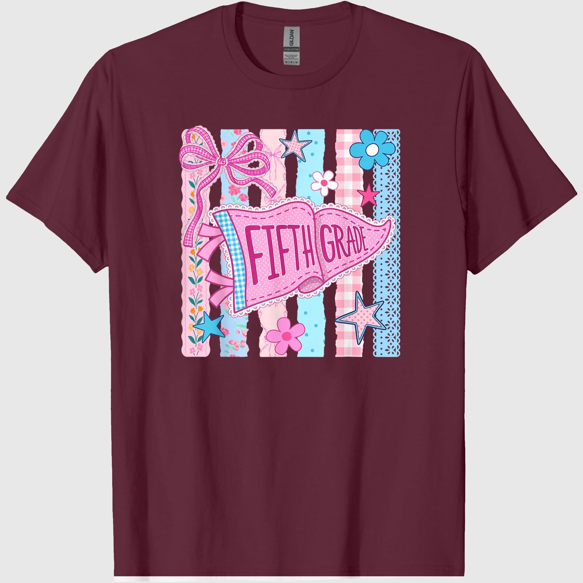 Striped Floral Pennant Flag Back to School Fifth 5th Grade T-Shirt