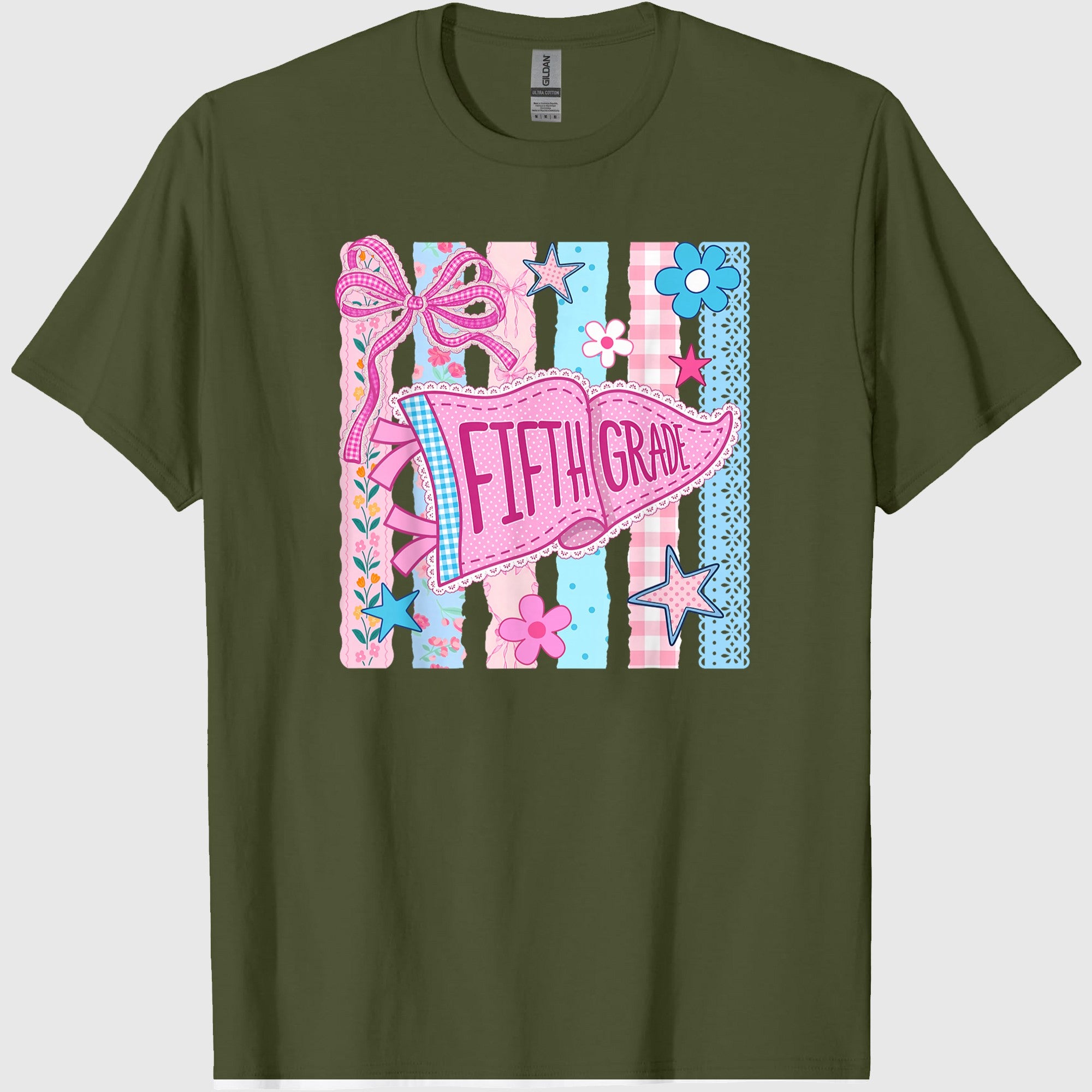Striped Floral Pennant Flag Back to School Fifth 5th Grade T-Shirt